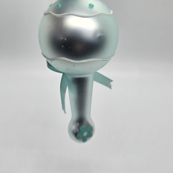 NEW Blown Glass Green Turquoise BABY RATTLE Baby's First Christmas 5" Ornament - Picture 3 of 4